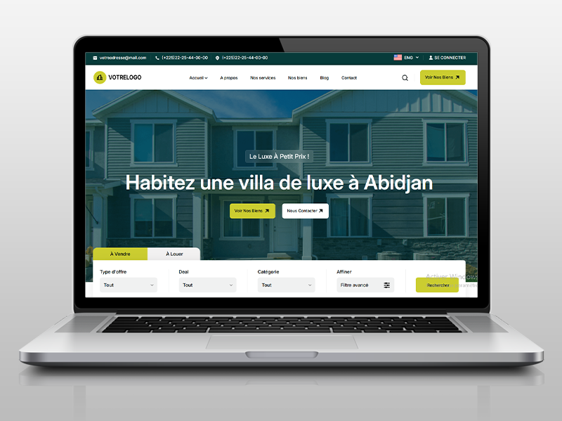 Prestige Immo : modèle de site web pour société et agence immobilière - Livraison express en 48H, prix : 95,000 FCFA. Hébergement + Nom de domaine offerts
